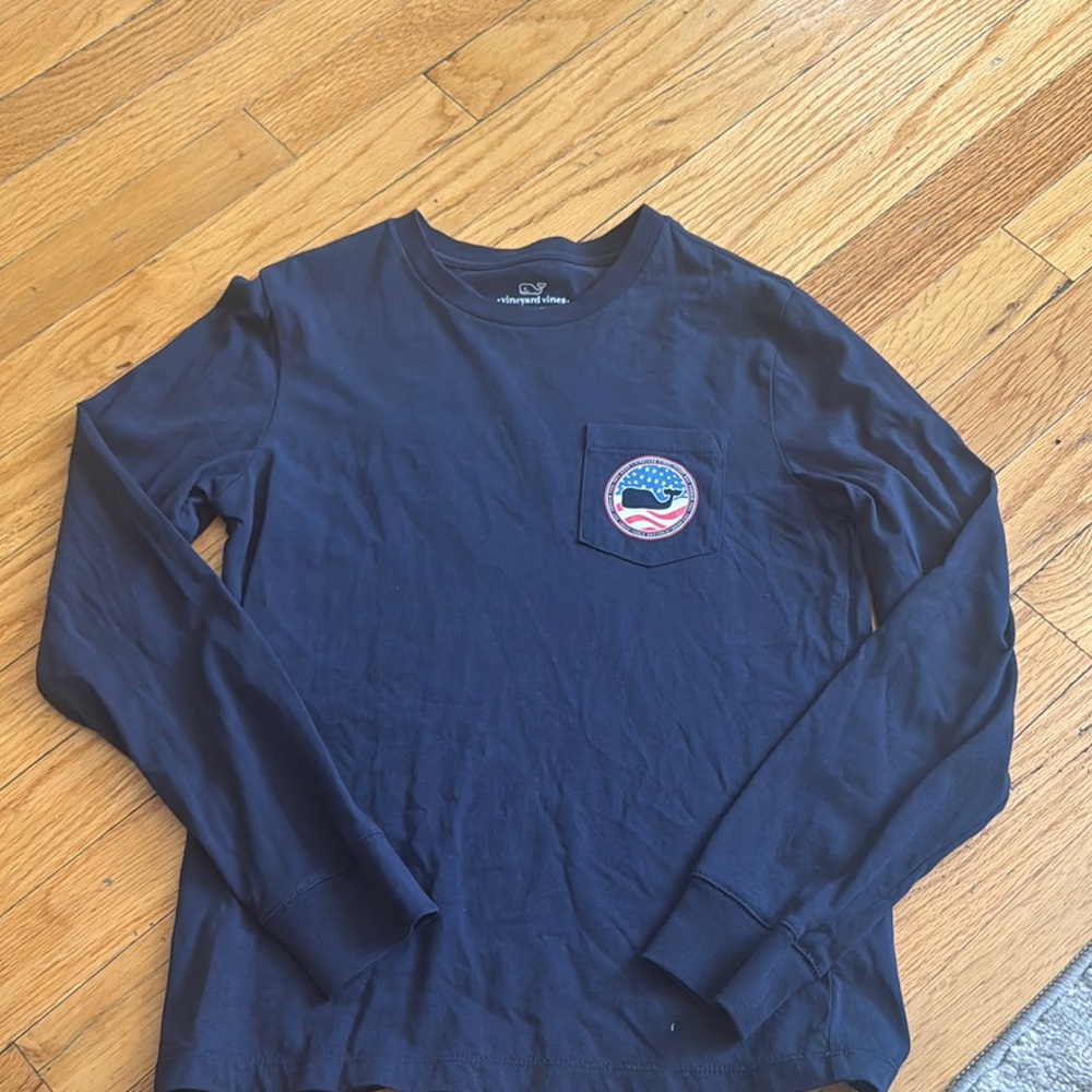 Vineyard Vines Navy Long Sleeve Tee with American Flag Patch